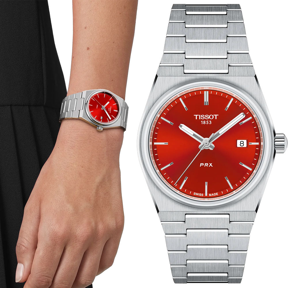 TISSOT 天梭 官方授權 T137.210.11.421.00 PRX系列紅色太陽紋石英女錶 周年慶獻禮-35mm T1372101142100