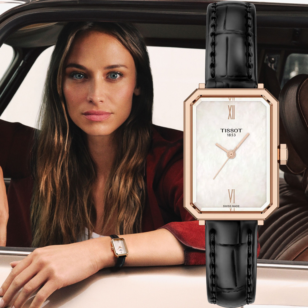 TISSOT 天梭 官方授權 全球廣告款 T160.110.36.113.00 SRV系列 幾何線條方形珍珠貝石英女錶-30mm T1601103611300