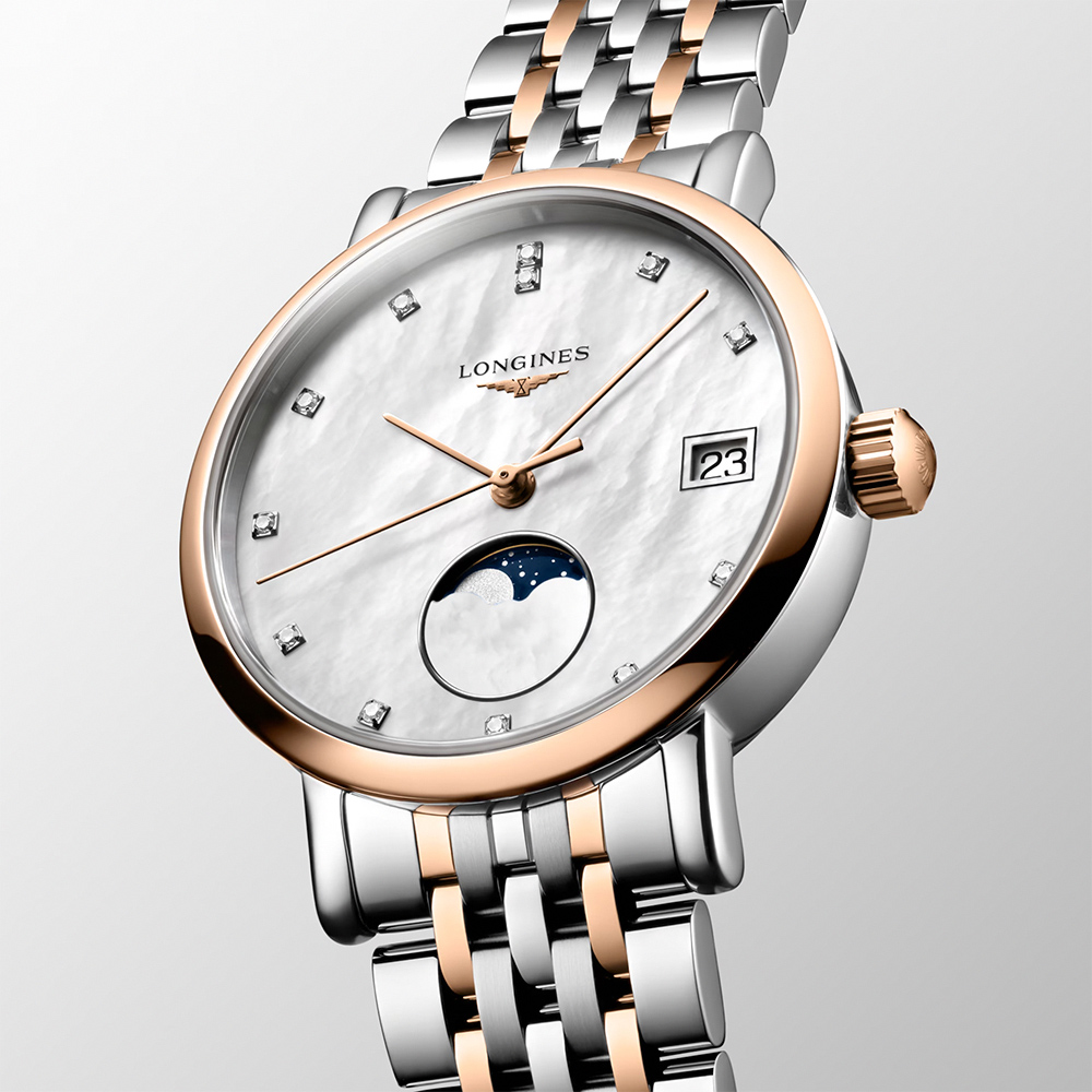 LONGINES 浪琴 Elegant Collection 優雅系列 18K玫瑰金 珍珠貝鑽石月相石英女錶-30mm L4.330.5.87.7