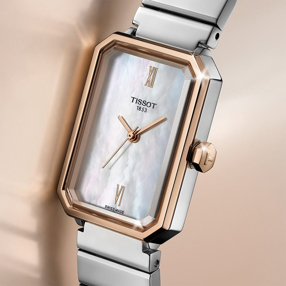 TISSOT 天梭 官方授權 T160.110.21.113.00 SRV系列 幾何線條方形珍珠貝石英女錶 周年慶獻禮-30mm T1601102111300