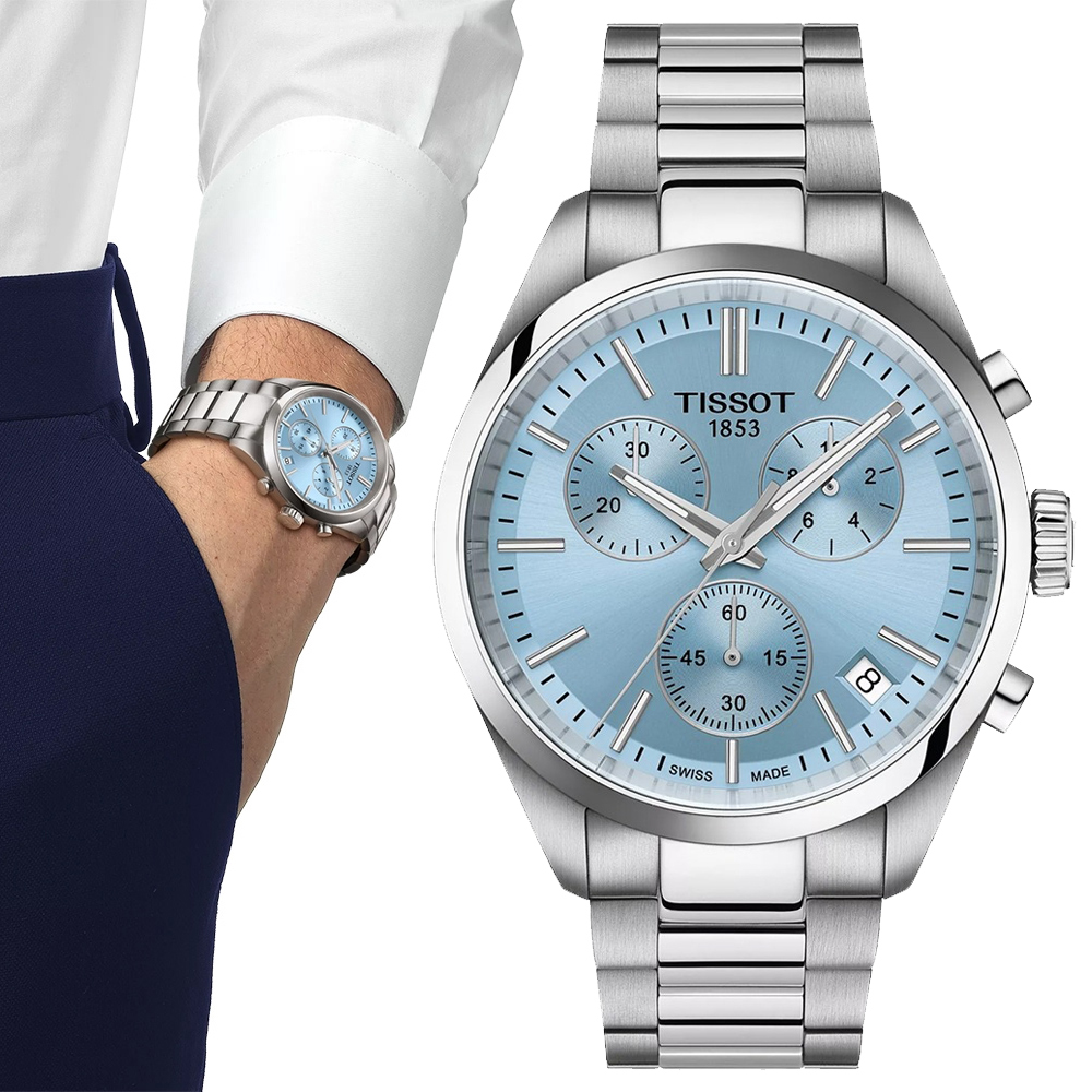 TISSOT 天梭 官方授權 PR100 經典時尚三眼計時錶/冰藍/40mm/T1504171135100