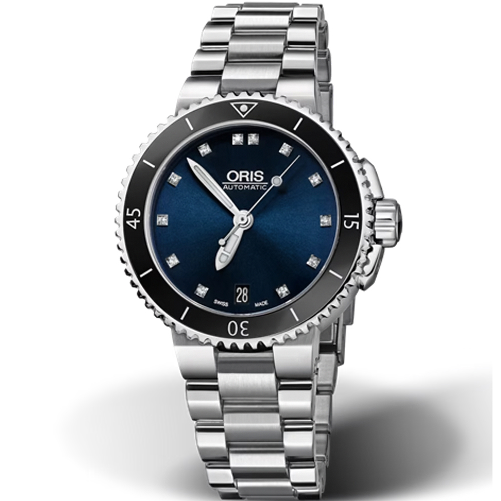 ORIS 豪利時 Aquis 300米專業潛水真鑽機械女錶-銀x藍/36mm 0173376524195-0781801P