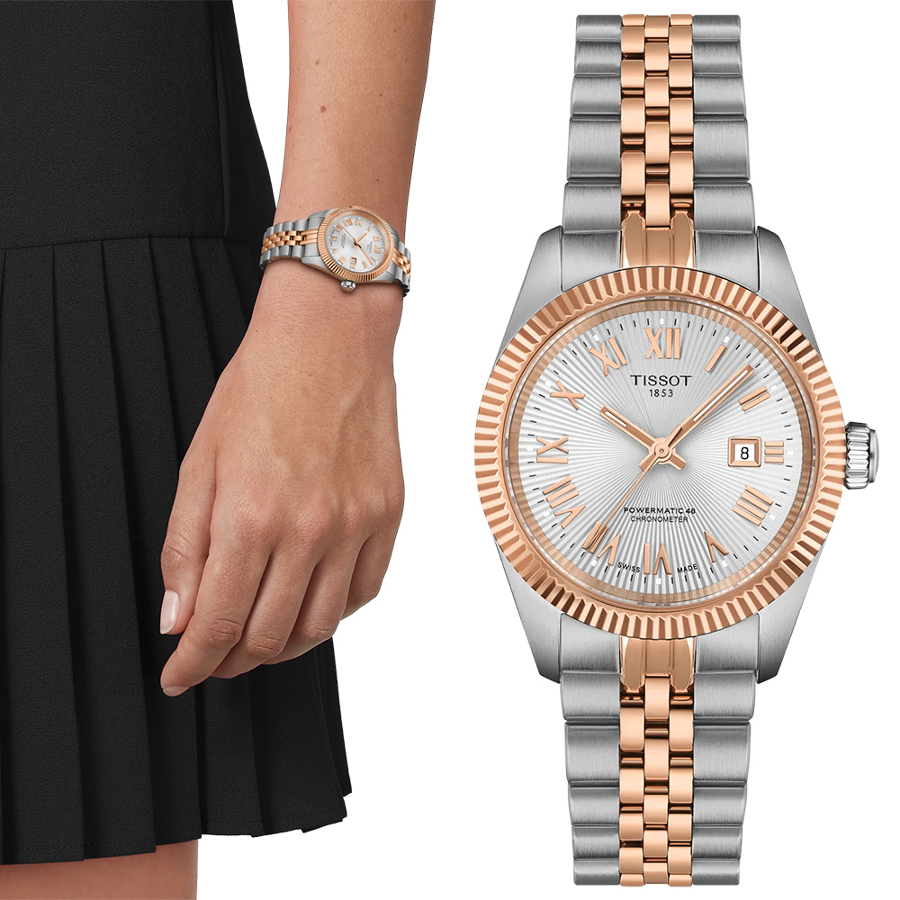 TISSOT 天梭 官方授權 BALLADE系列 動力儲存48 COSC 天文台認證機械錶/銀X玫瑰金/30mm/T1562082203300