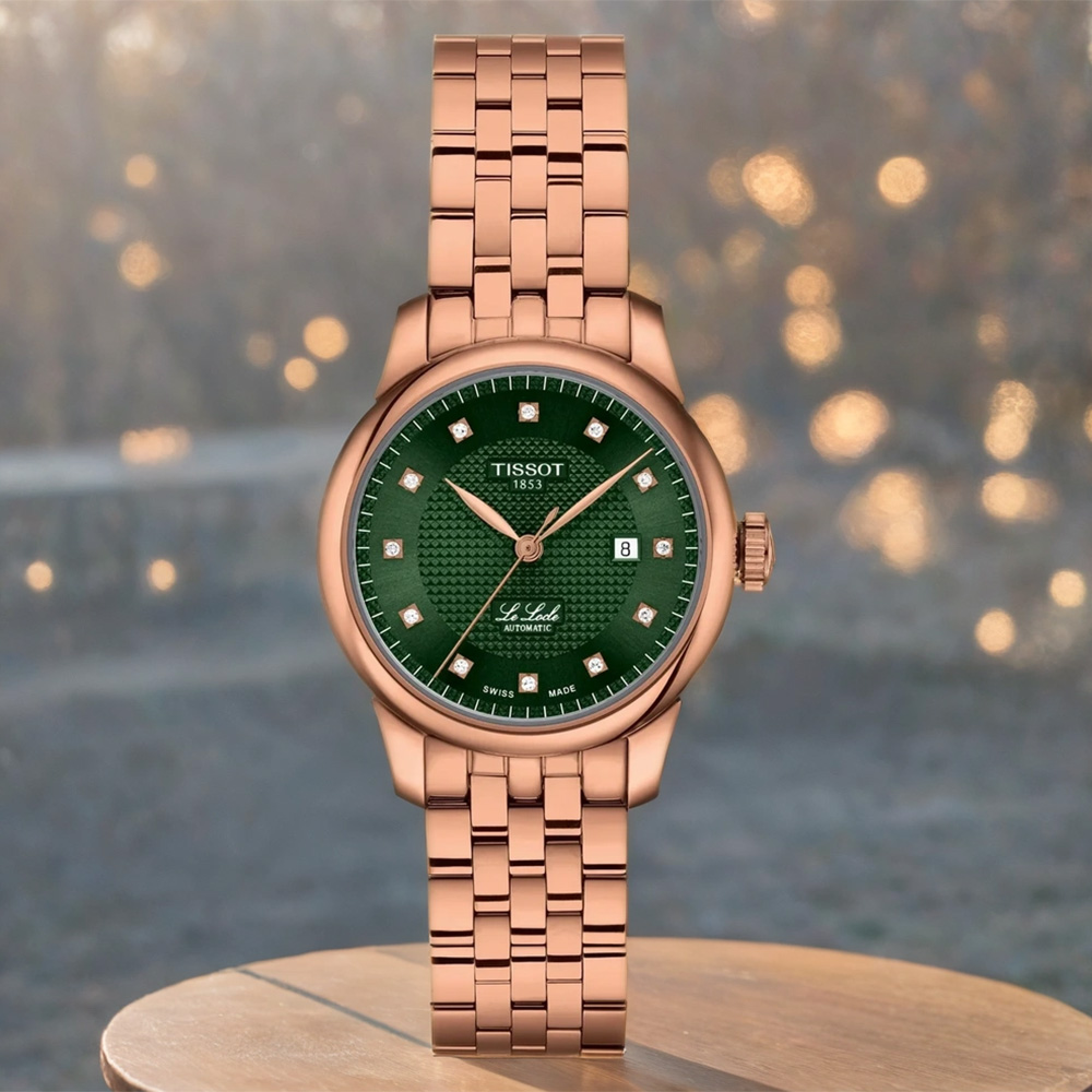 TISSOT 天梭 官方授權 Le Locle 力洛克 真鑽機械女錶 百貨周年慶-綠x玫瑰金/29mm T0062073309600