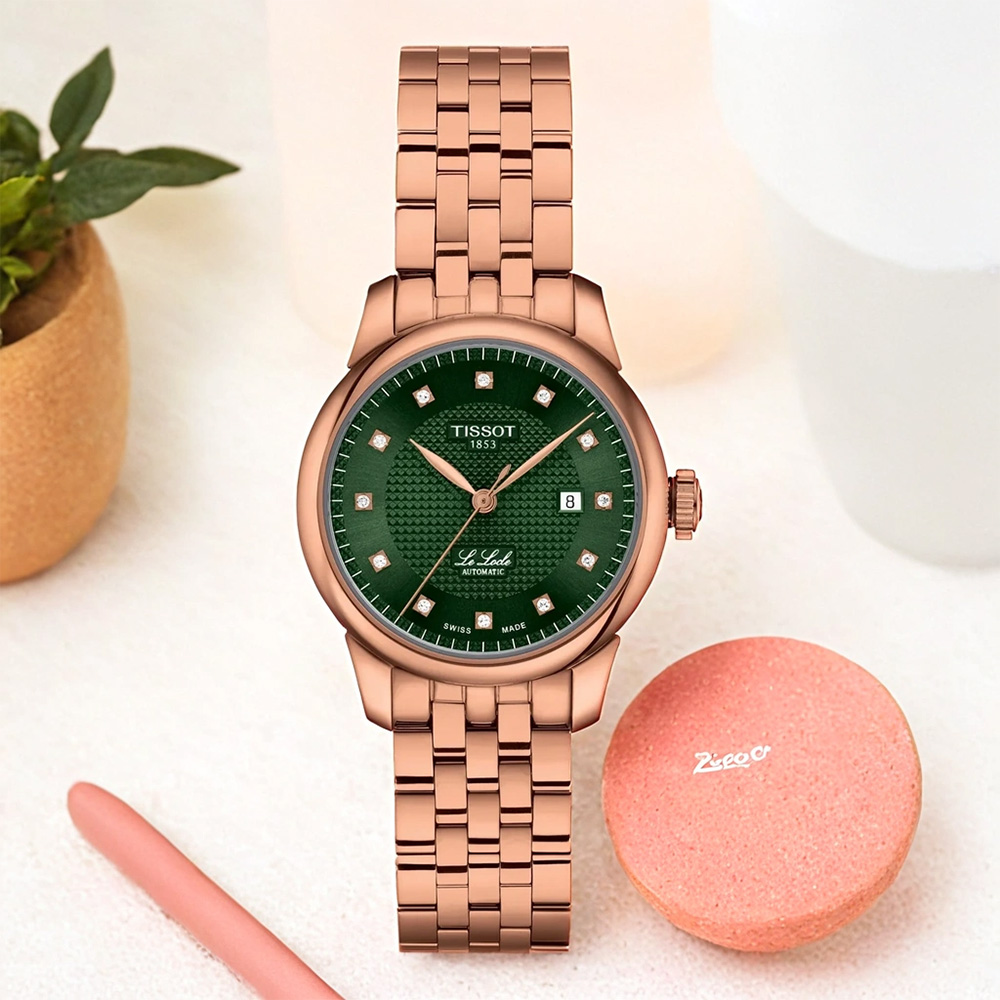 TISSOT 天梭 官方授權 Le Locle 力洛克 真鑽機械女錶 周年慶獻禮-綠x玫瑰金/29mm T0062073309600