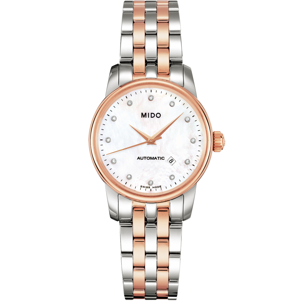 MIDO 美度 官方授權 Baroncelli 典藏真鑽機械女錶 百貨周年慶-珍珠貝/半金/29mm M76009691