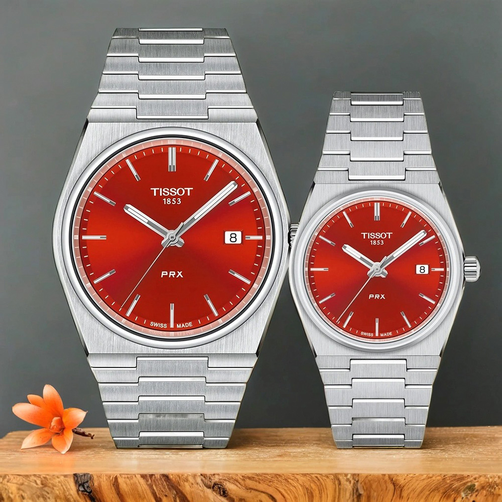 TISSOT 天梭 官方授權 PRX系列 70年代復刻石英對錶 情侶手錶 百貨周年慶-銀x紅 T1374101142100+T1372101142100