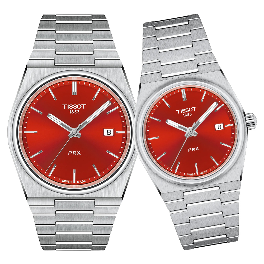 TISSOT 天梭 官方授權 PRX系列 復刻款酒桶形石英對錶/紅 (T1374101142100+T1372101142100)