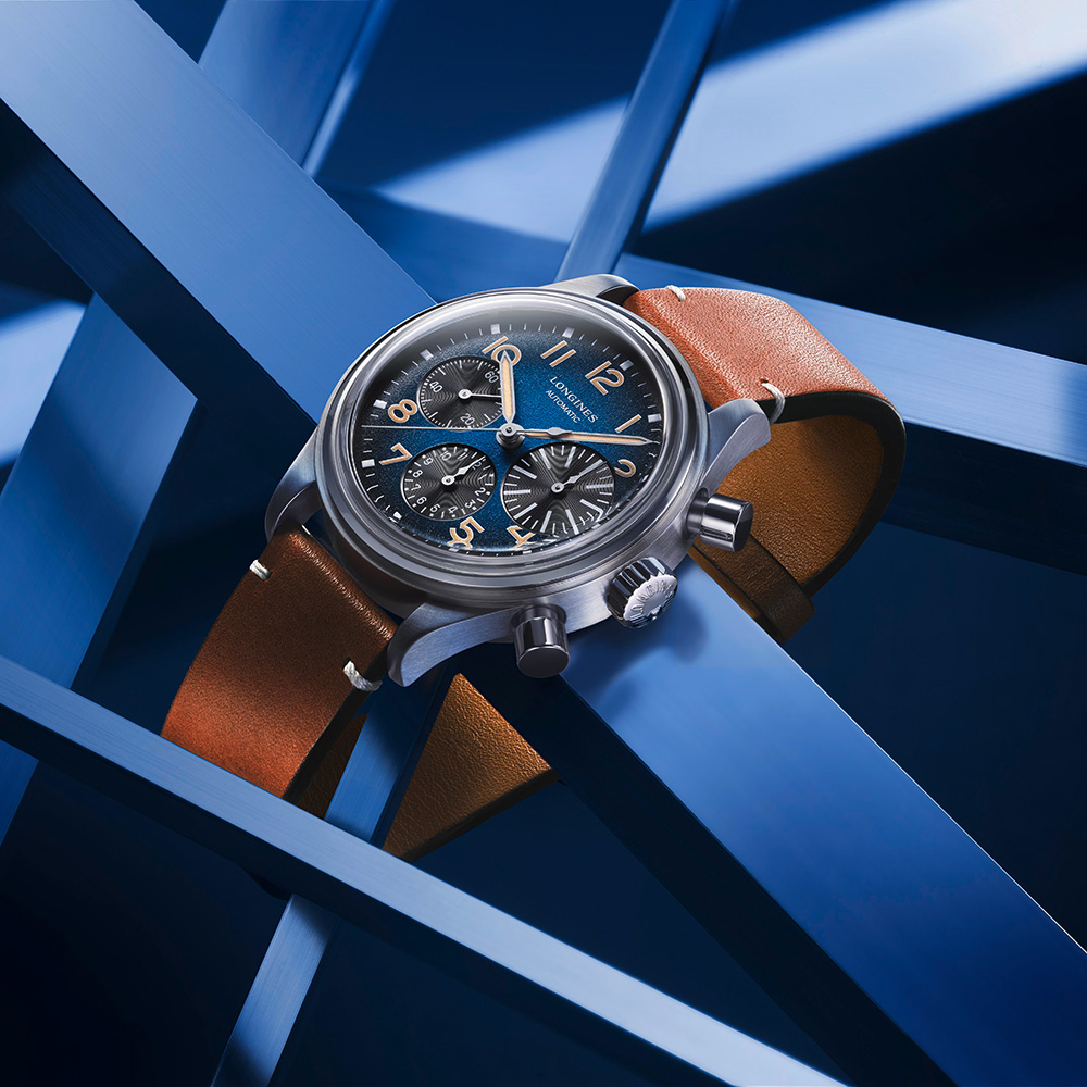 LONGINES 浪琴 Heritage Avigation 5年保固 復刻鈦金屬飛行機械錶-煙燻藍 L2.816.1.93.2