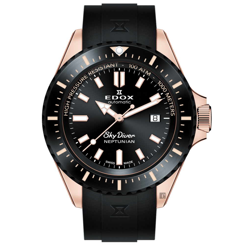 EDOX 伊度 SkyDiver 海神波賽頓 1000米潛水機械錶-黑x玫瑰金 E80120.37RNNCA.NIR