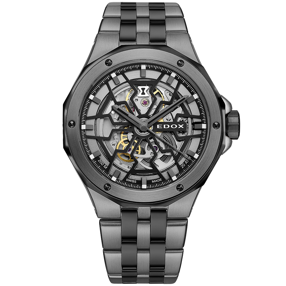 EDOX 伊度 Delfin Mecano 魔幻巡洋 鏤空200米機械錶/43mm E85303.357GNM.NGN