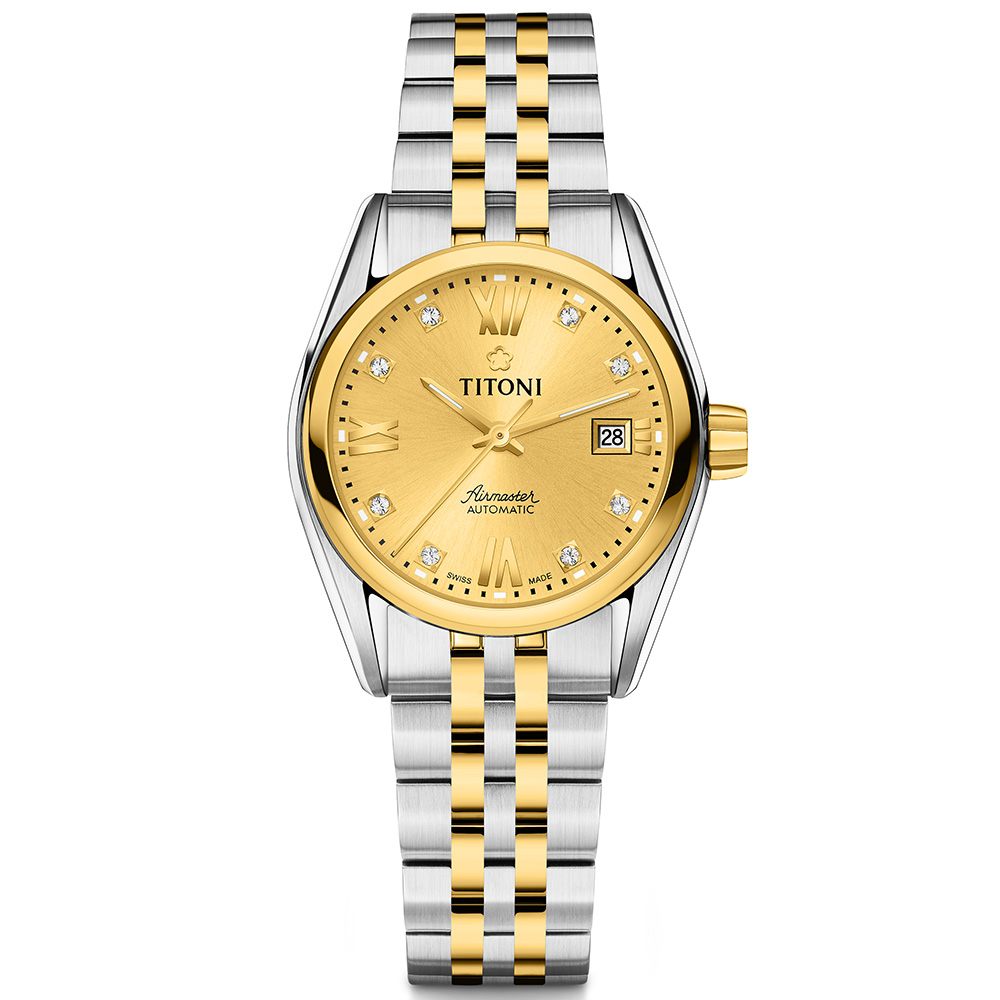 TITONI 梅花錶 【瑞士】 空中霸王系列 金色錶盤/半金不鏽鋼鍊帶-27mm(23909 SY-064)