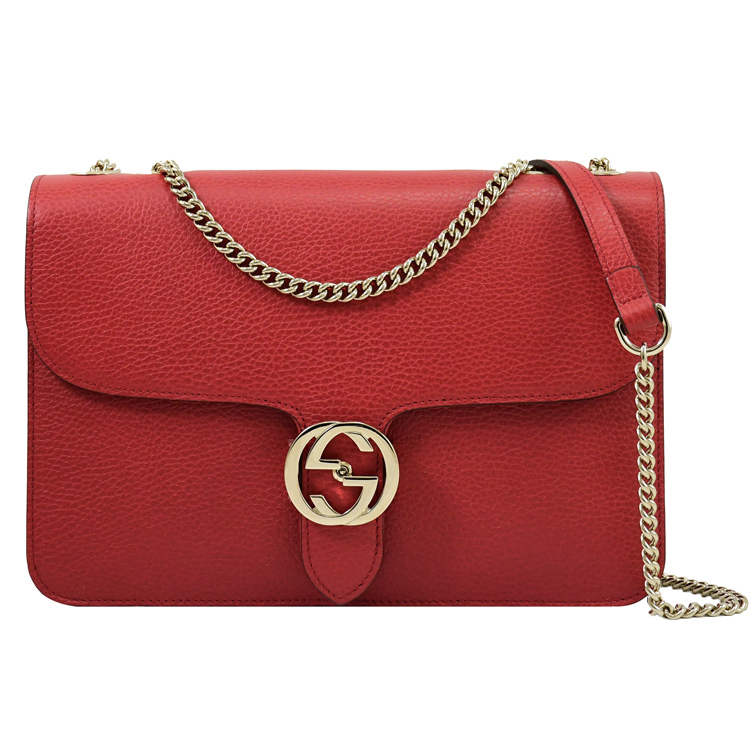GUCCI 古馳 經典雙G LOGO全皮革壓紋單鍊肩背包.紅