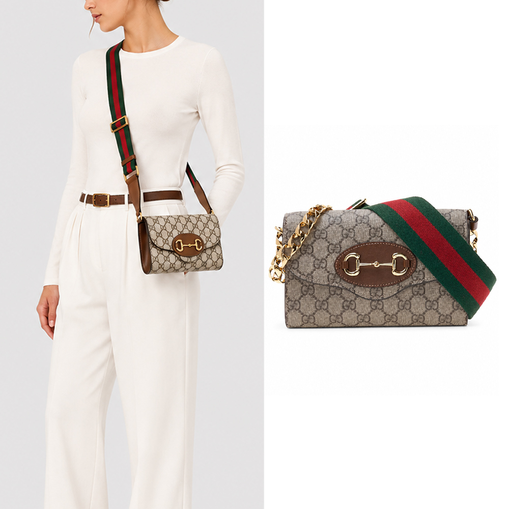 GUCCI 古馳 經典1955 Horsebit馬銜釦雙背帶手拿/斜背包(卡其)