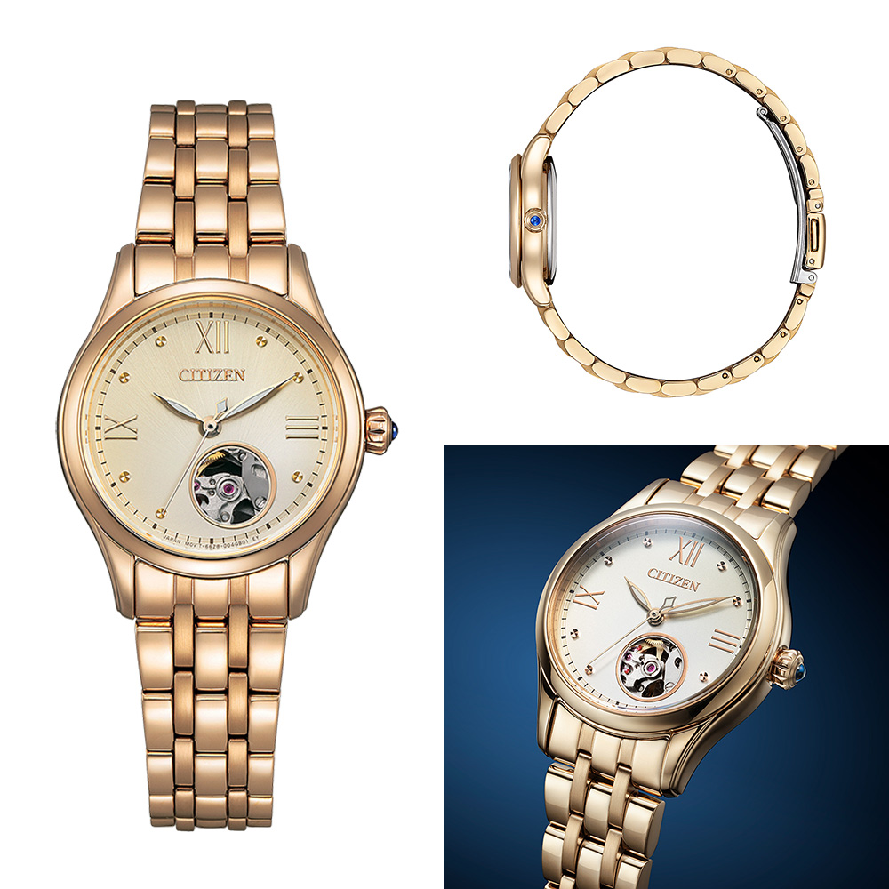 CITIZEN 星辰 Mechanical 簡約開芯機械女錶 手錶 金色(PR1043-80P)