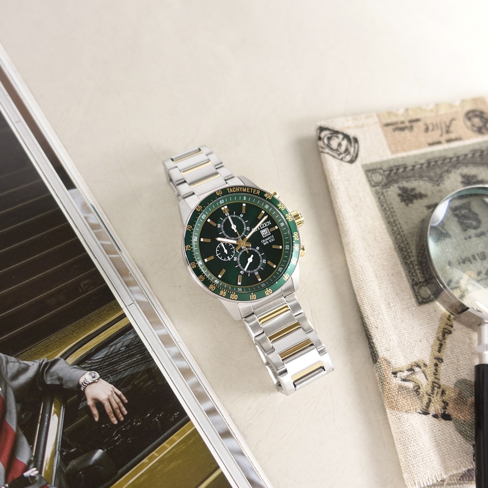 CITIZEN 星辰 表 / AN3689-55X / 三眼計時碼錶 日本機芯 防水100米 不鏽鋼手錶 綠x鍍金 44mm