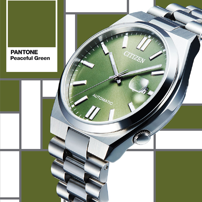 CITIZEN 星辰 X PANTONE 情人節推薦款 NJ0158-89Z 日期顯示 鋼錶帶 機械男錶 綠/銀 40mm