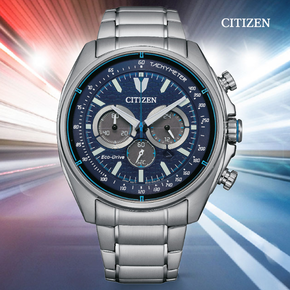 CITIZEN 星辰 Chronograph 光動能 碼錶計時三眼不鏽鋼腕錶-藍44.75mm CA4560-81L 送禮 禮物 推薦