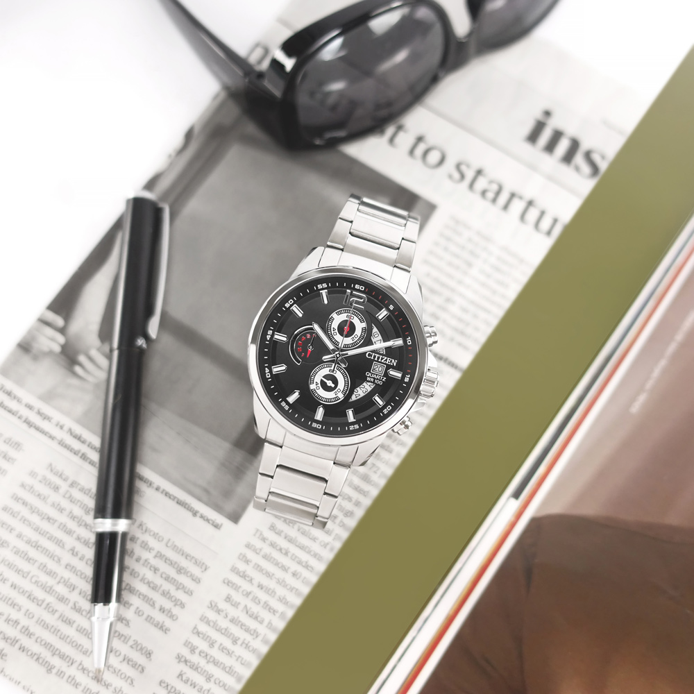 CITIZEN 星辰 表 / AN3690-56E / 經典三眼 計時碼錶 日期 日本機芯 防水100米 不鏽鋼手錶 黑色 43mm