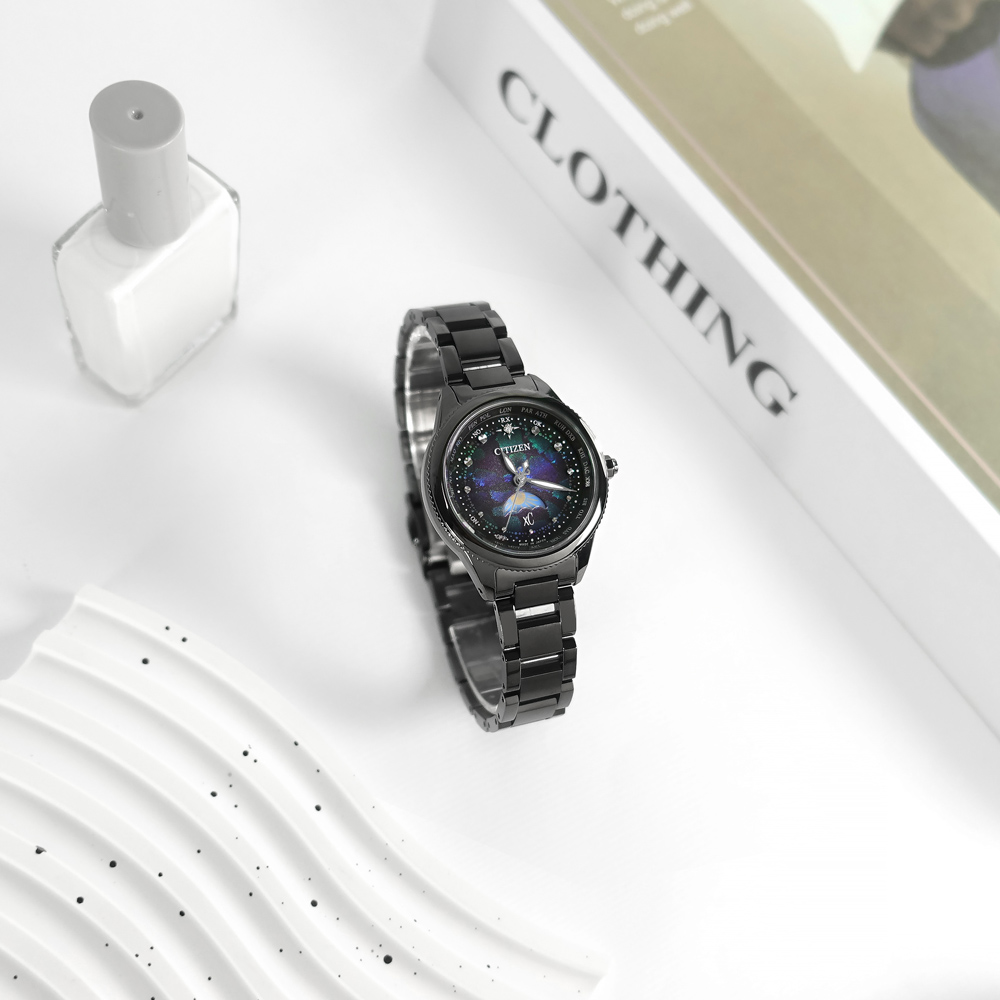 CITIZEN 星辰 / EE1008-56E / 限定款 鑽石 日月相錶 電波錶 鈦金屬 藍綠x鍍黑 29mm