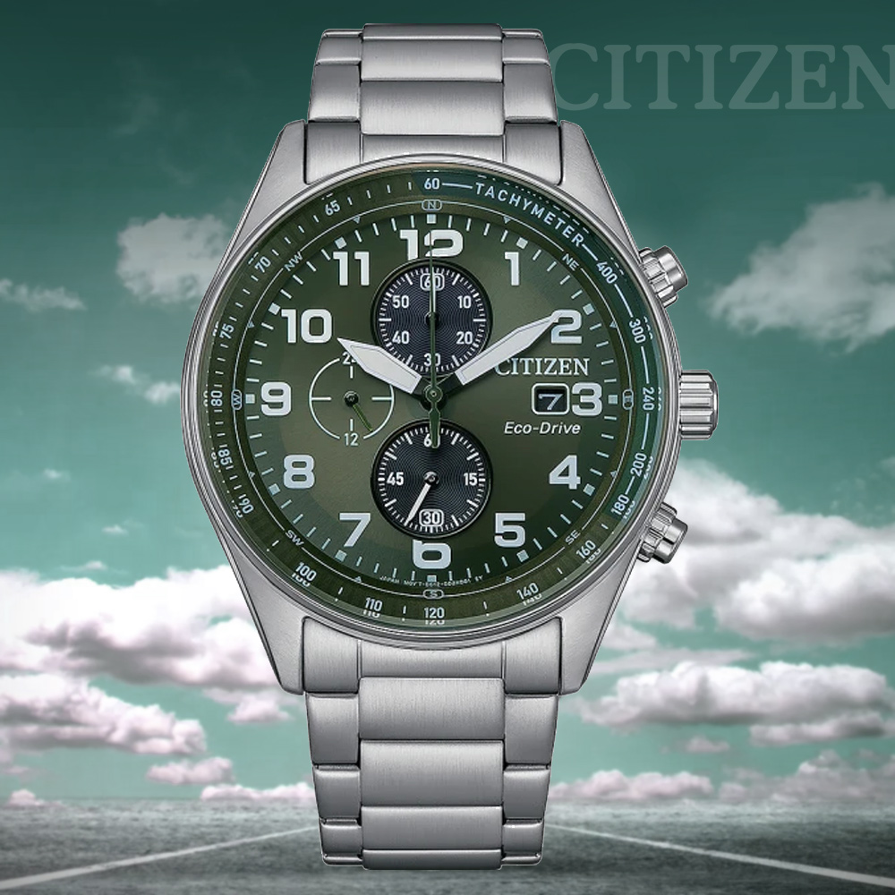 CITIZEN 星辰 Chronograph 光動能 碼錶計時三眼不鏽鋼腕錶-綠43mm CA0770-72X 送禮 禮物 推薦