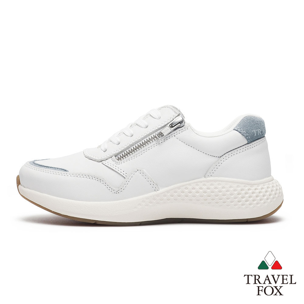 柔軟舒適透氣小白鞋【TRAVEL FOX 旅狐】女鞋Greace 真皮微厚底拼接側拉鍊休閒鞋小白鞋925405 147 藍