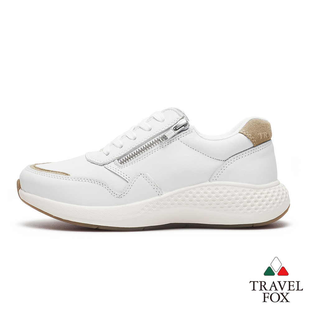 柔軟舒適透氣小白鞋【TRAVEL FOX 旅狐】女鞋Greace 真皮微厚底拼接側拉鍊休閒鞋小白鞋925405 182 米