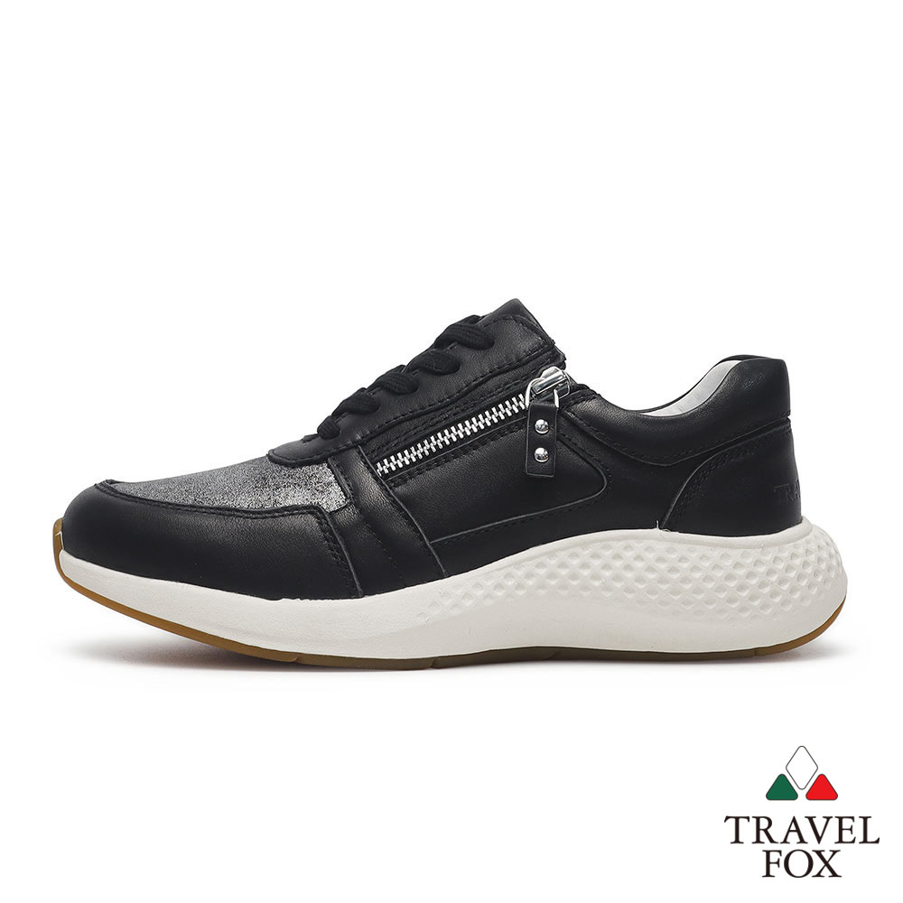 柔軟舒適透氣小白鞋【TRAVEL FOX 旅狐】女鞋Greace 真皮微厚底拼接側拉鍊休閒鞋925404 101 黑銀