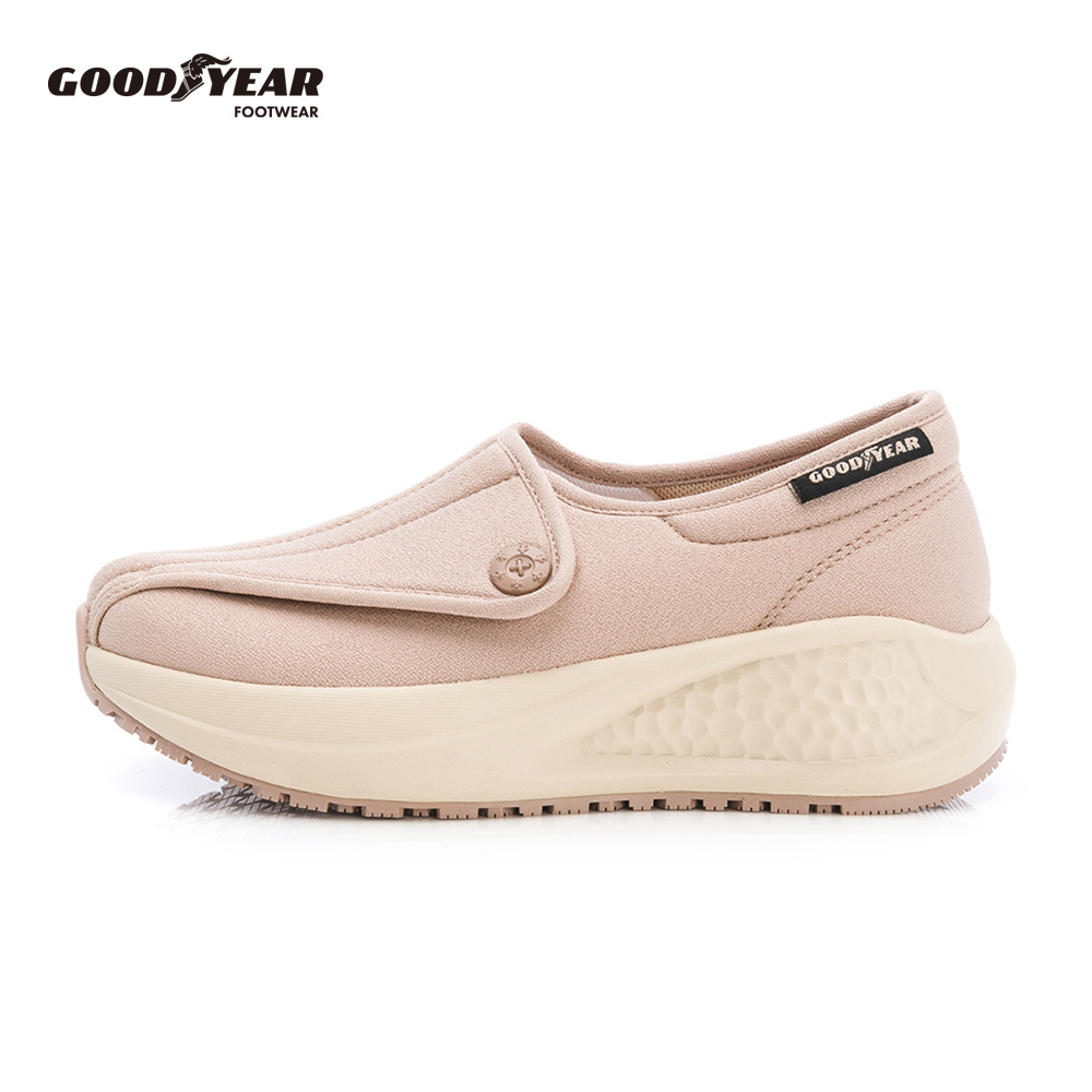 Goodyear 固特異 寬楦緩震健走鞋/女 樂齡 緩震 防潑水 速穿 奶茶(樂活-GAWA62831)