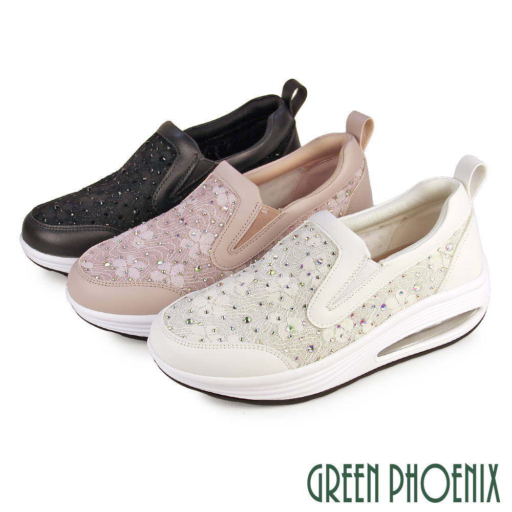 GREEN PHOENIX 波兒德 女 休閒鞋 懶人鞋 厚底休閒鞋 氣墊 直套式 蕾絲 鑽飾U52-26208