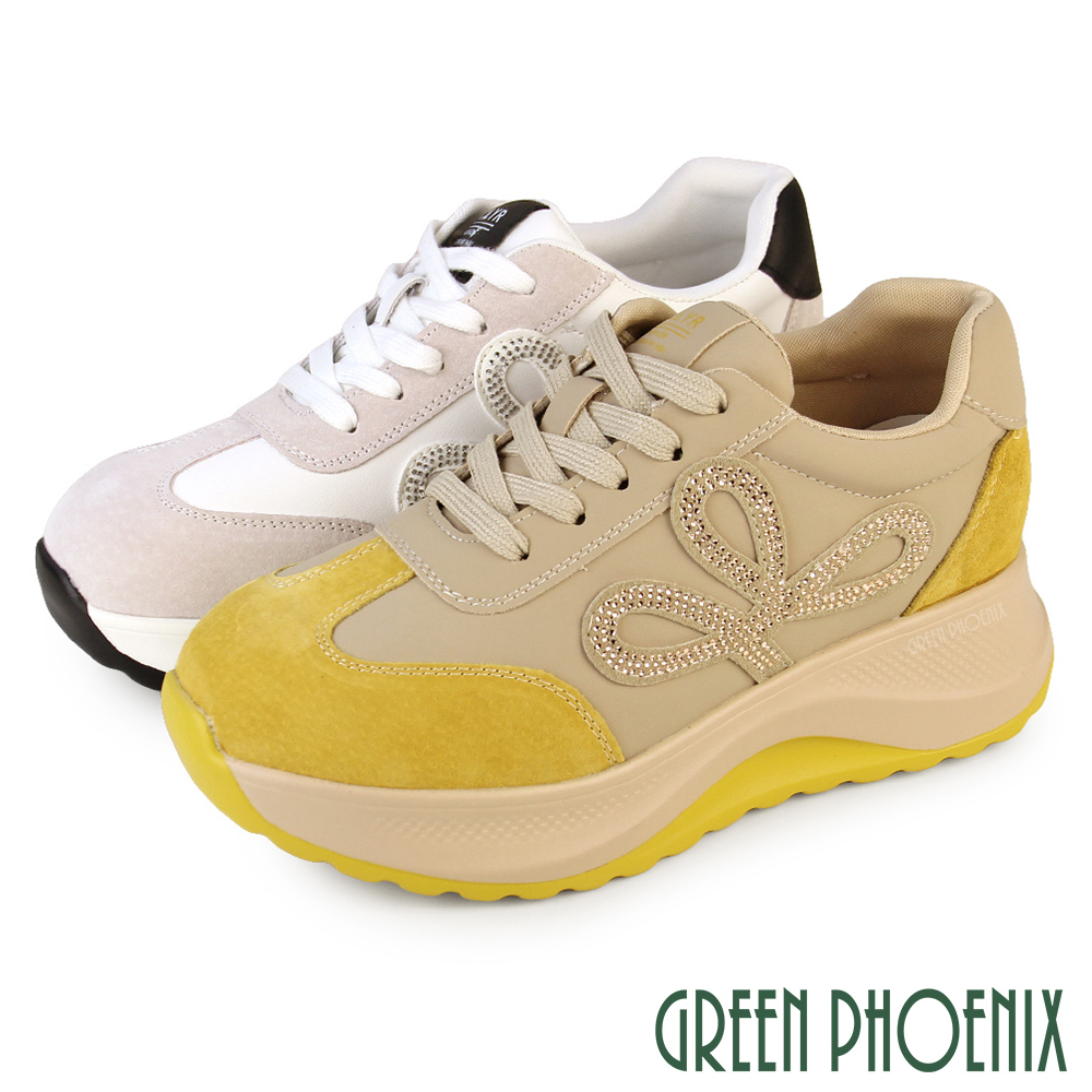 GREEN PHOENIX 波兒德 女 休閒鞋 小白鞋 厚底休閒鞋 綁帶 麂皮 水鑽 顯瘦U60-22922