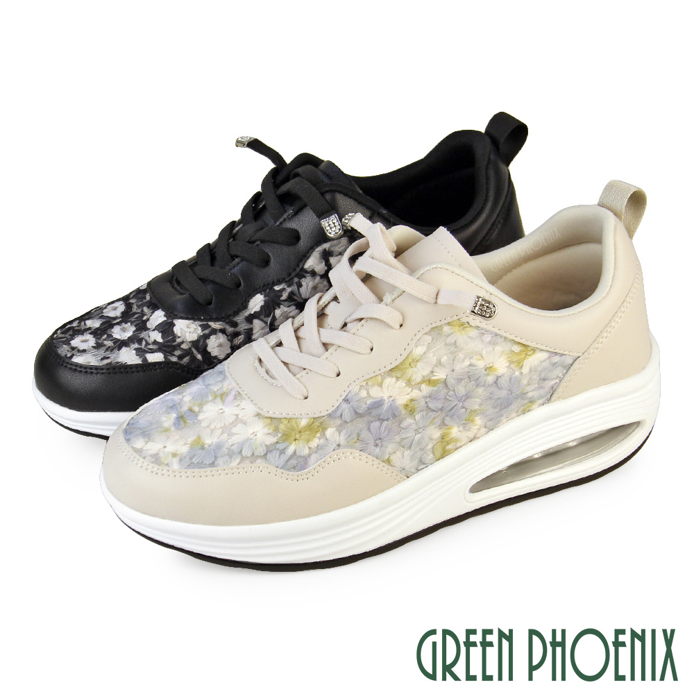 GREEN PHOENIX 波兒德 女 休閒鞋 懶人鞋 厚底休閒鞋 氣墊 免綁帶 蕾絲U52-26209