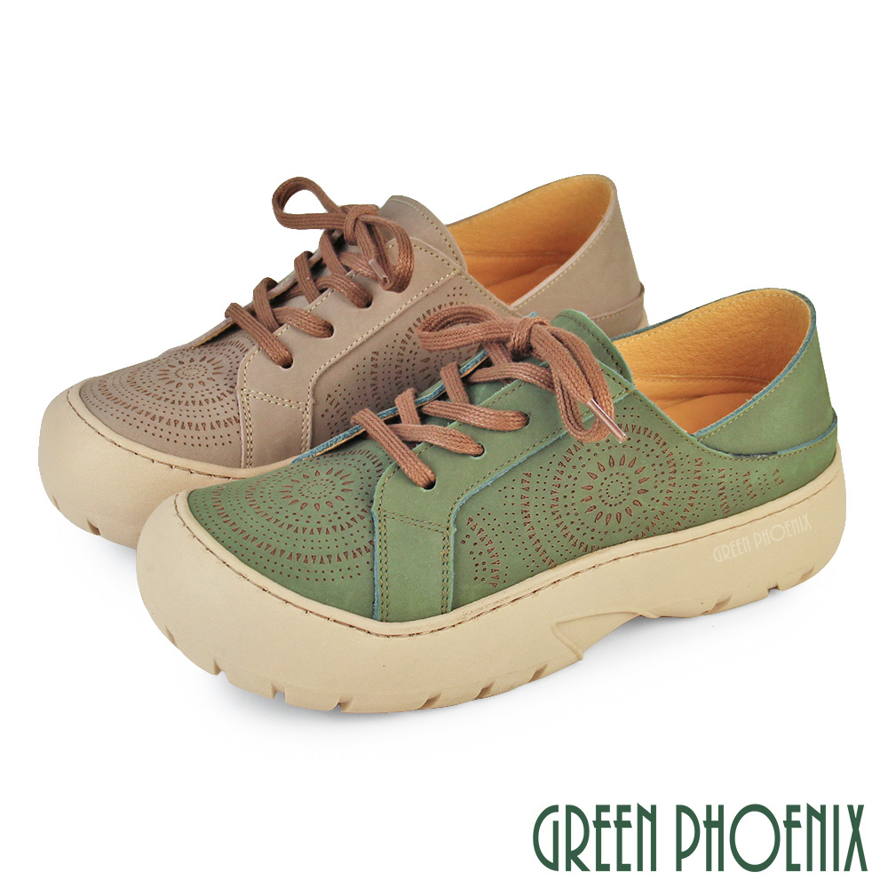 GREEN PHOENIX 波兒德 女 休閒鞋 厚底休閒鞋 真皮 手縫 吸震 綁帶 後踩 兩穿U10-28825