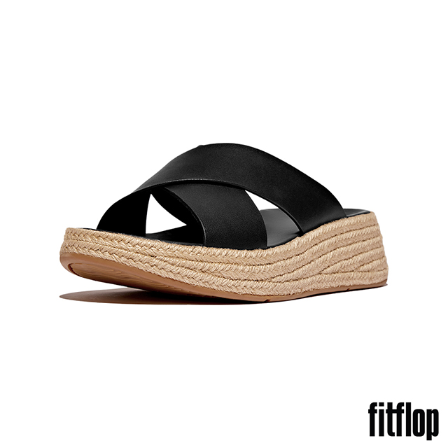 FitFlop F-MODE 草編皮革厚底交叉涼鞋-女(黑色)