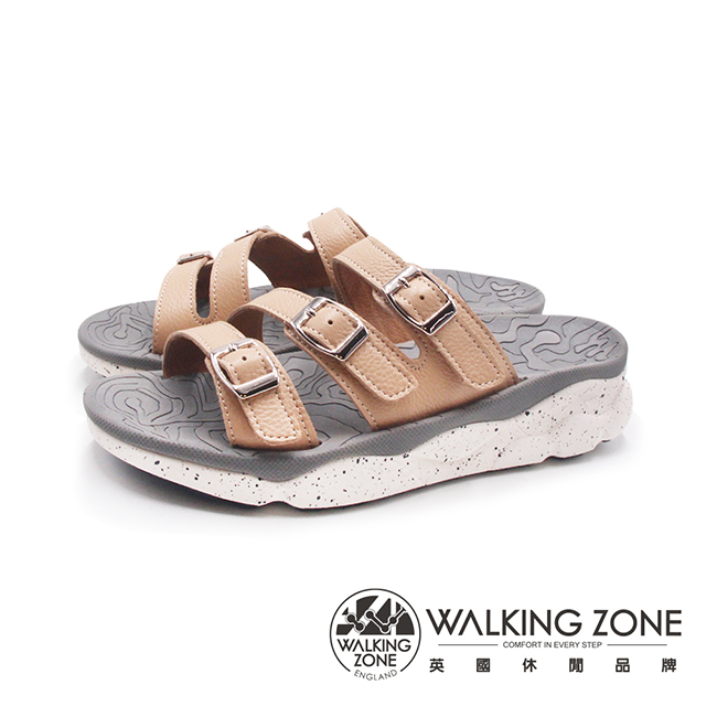 WALKING ZONE (女)MIT真皮金屬3釦拖鞋 女鞋-卡其色
