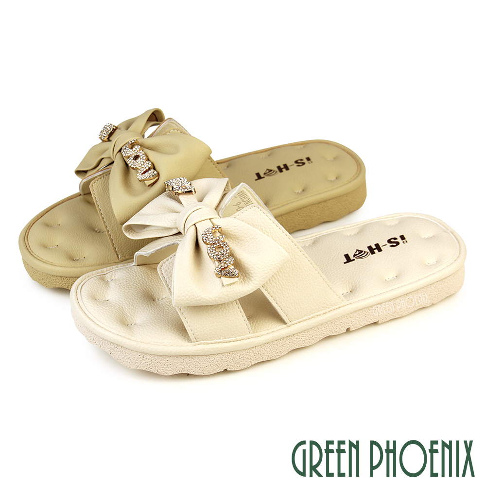 GREEN PHOENIX 波兒德 女鞋 拖鞋 蝴蝶結 鏤空 真皮 平底 水鑽U11-22206