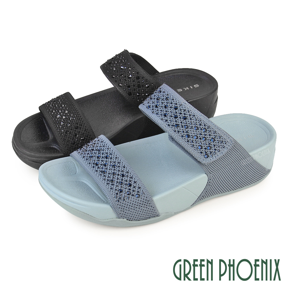 GREEN PHOENIX 波兒德 女鞋 拖鞋 厚底拖鞋 輕量 透氣 支撐 飛織 鑽飾 沾黏式U60-29878