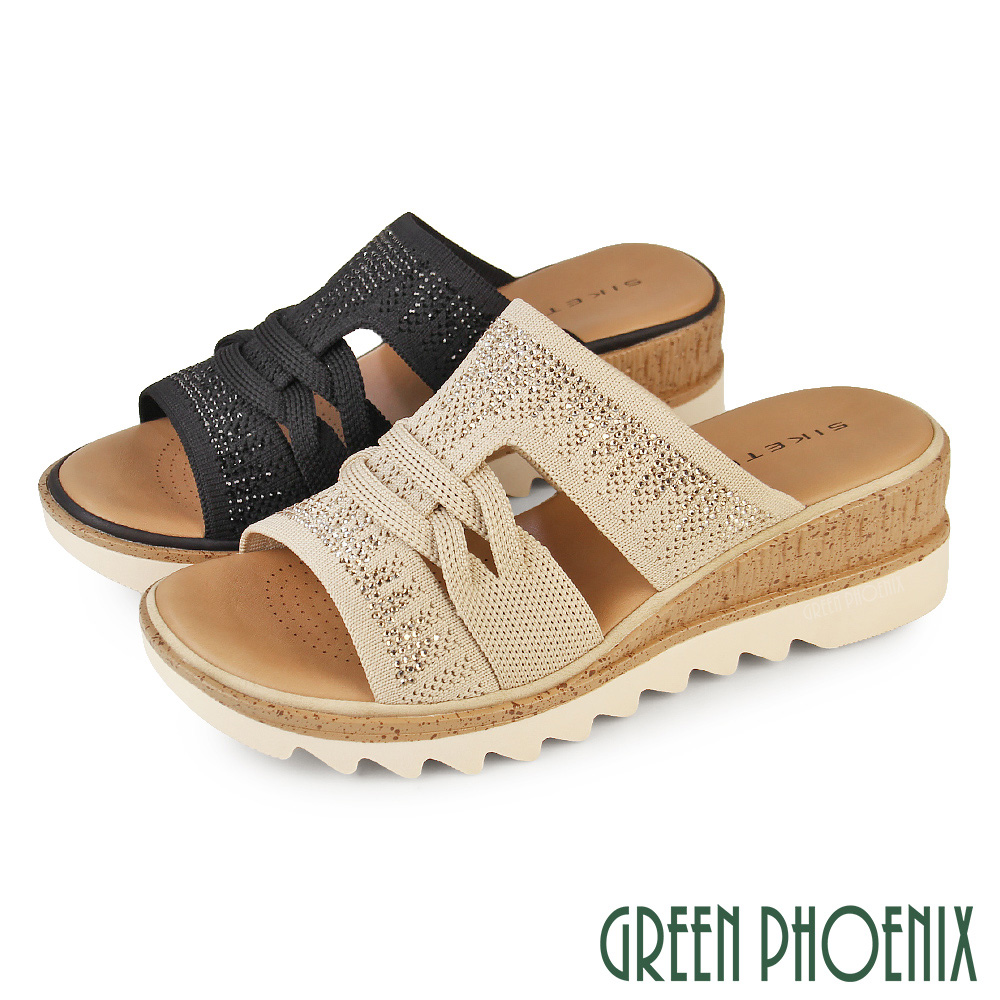 GREEN PHOENIX 波兒德 女 拖鞋 厚底拖鞋 楔型拖鞋 寬版 飛織 鏤空 水鑽U60-28137