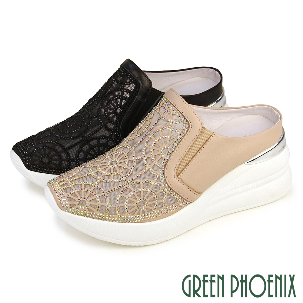GREEN PHOENIX 波兒德 女 穆勒鞋 休閒拖鞋 懶人拖鞋 厚底 輕量 水鑽 透膚 鏤空 雕花 紗網U52-20213