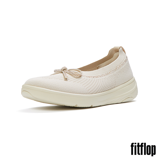 FitFlop SUPER-Q 蝴蝶結水鑽邊針織芭蕾舞平底鞋-女(米色)
