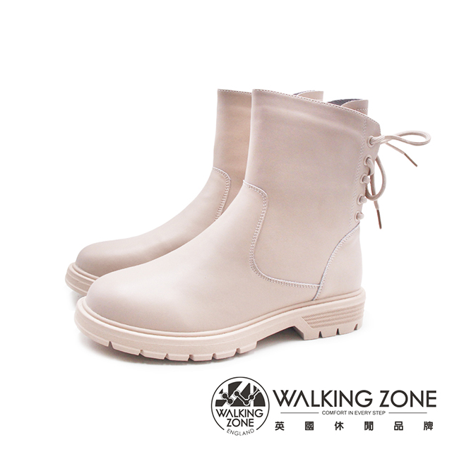 WALKING ZONE (女)翻玩設計圓頭後綁帶平底靴 女靴-杏