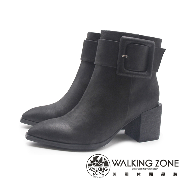 WALKING ZONE (女)牛皮尖頭粗底高跟短靴 女靴-黑（其他規格）