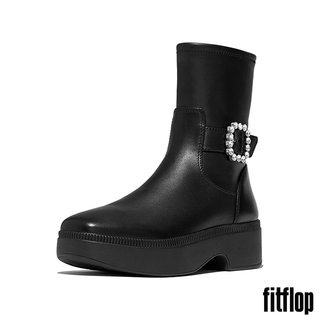 FitFlop F-LUMA 水鑽扣環皮革短靴-女(黑色)