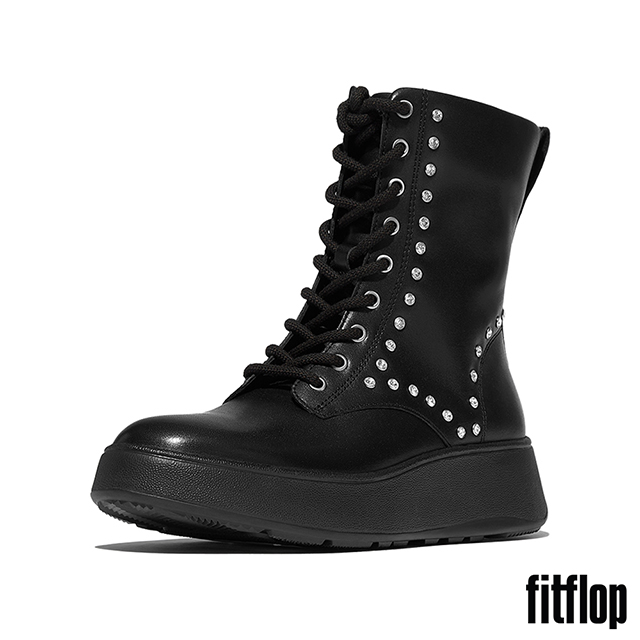 FitFlop F-MODE 水鑽飾邊皮革綁帶厚底切爾西靴-女(黑色)