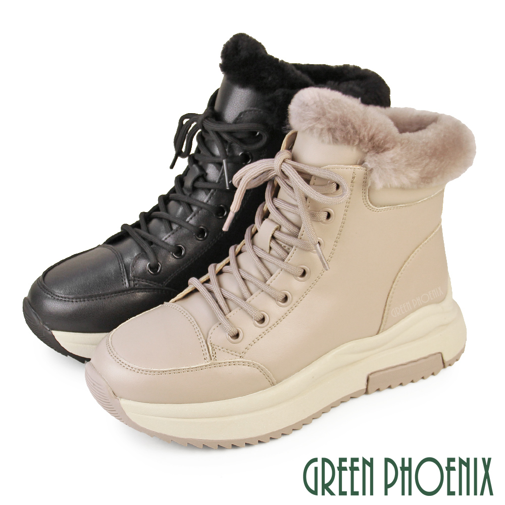 GREEN PHOENIX 波兒德 女鞋 短靴 休閒靴 綁帶靴 厚底 真皮 短筒 絨毛U11-25678