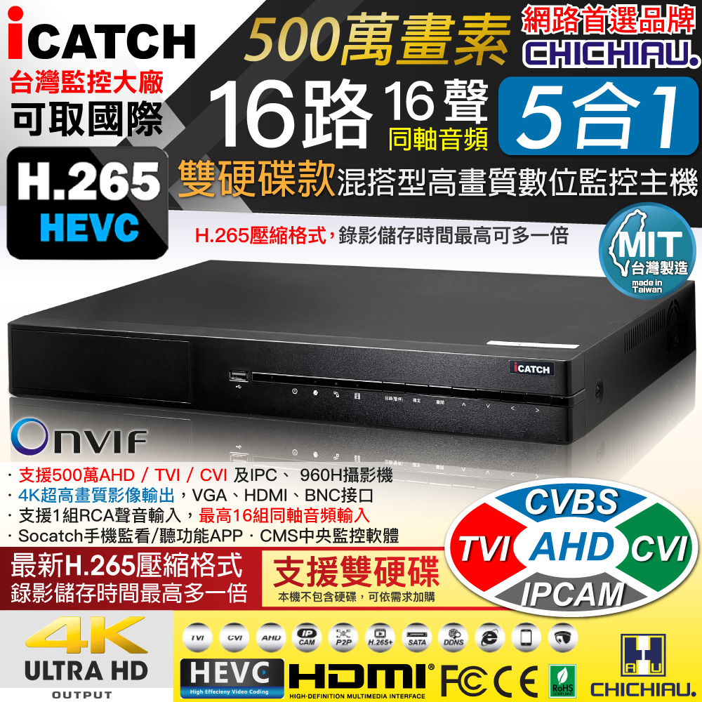 CHICHIAU 奇巧 H.265 16路16聲同軸音頻 500萬 AHD TVI CVI 1080P台製iCATCH數位高清遠端雙硬碟款監控錄影主機
