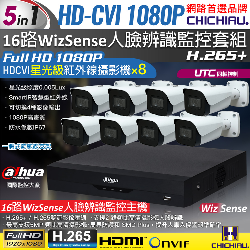 CHICHIAU 奇巧 Dahua大華 5MP 16路CVI 1080P數位遠端監控套組(含2MP星光級紅外線攝影機x8)