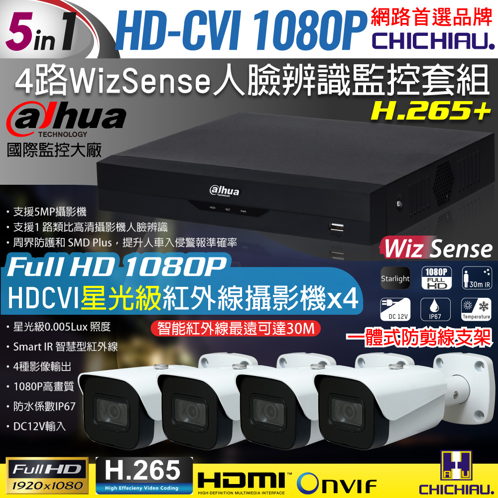 CHICHIAU 奇巧 Dahua大華 5MP 4路CVI 1080P數位遠端監控套組(含2MP星光級紅外線攝影機x4)