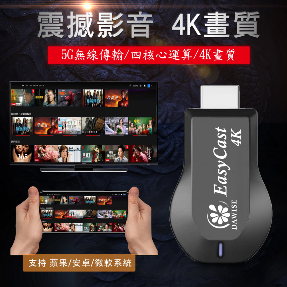 【4K四核心影音震撼】EasyCast雙頻5G全自動無線HDMI影音電視棒(附4大好禮)（其他規格）