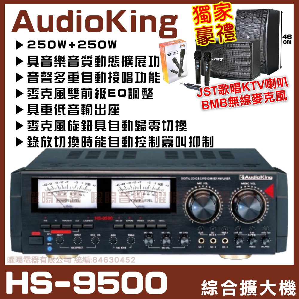 Audio King HS-9500 250W+250W(4Ω)大功 麥克風雙前級EQ調整 音樂音質動態擴展功能